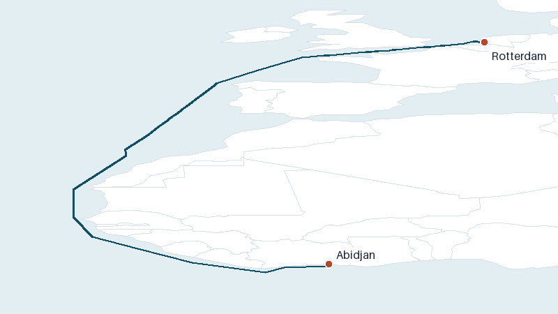 Sea route map from Abidjan to Rotterdam &mdash; 3818 nautical miles
