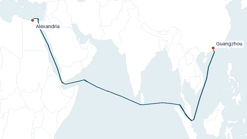 Sea route map from Alexandria to Guangzhou &mdash; 6710 nautical miles