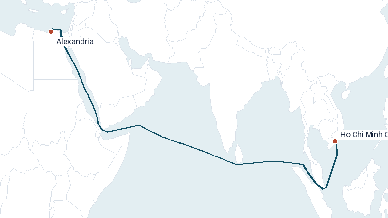 Sea route map from Alexandria to Ho Chi Minh City &mdash; 5867 nautical miles