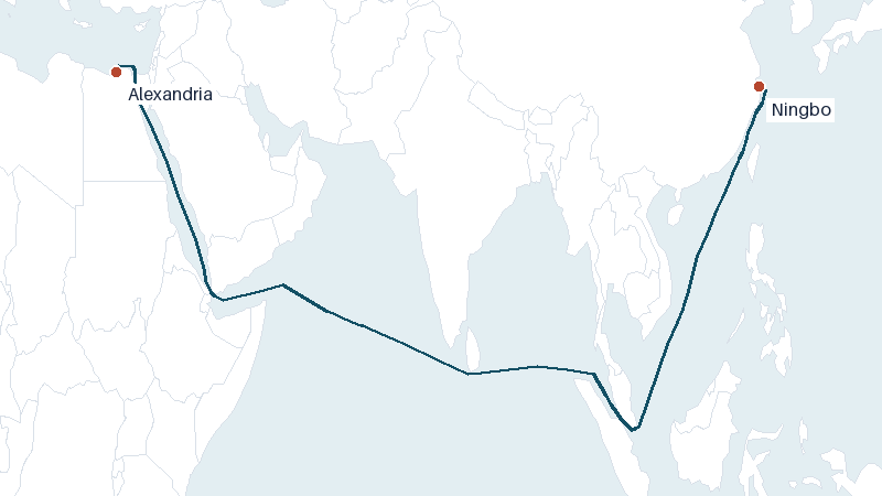 Sea route map from Alexandria to Ningbo &mdash; 7332 nautical miles