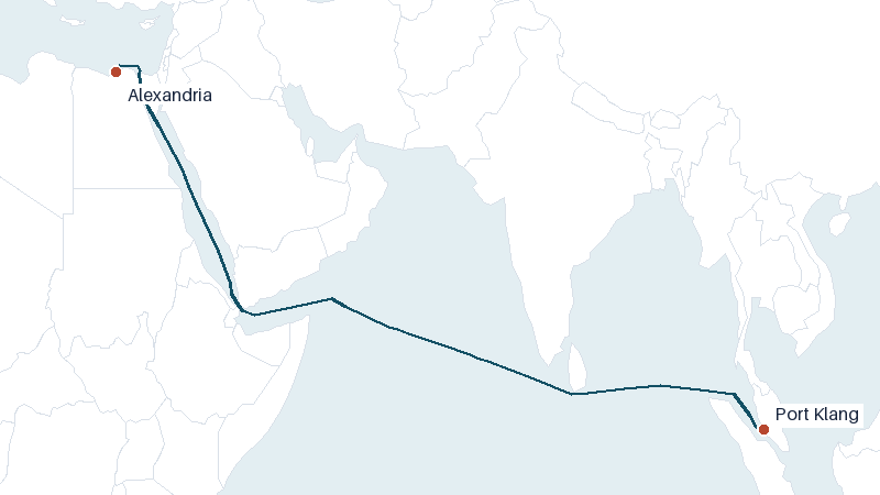Sea route map from Alexandria to Port Klang &mdash; 5053 nautical miles
