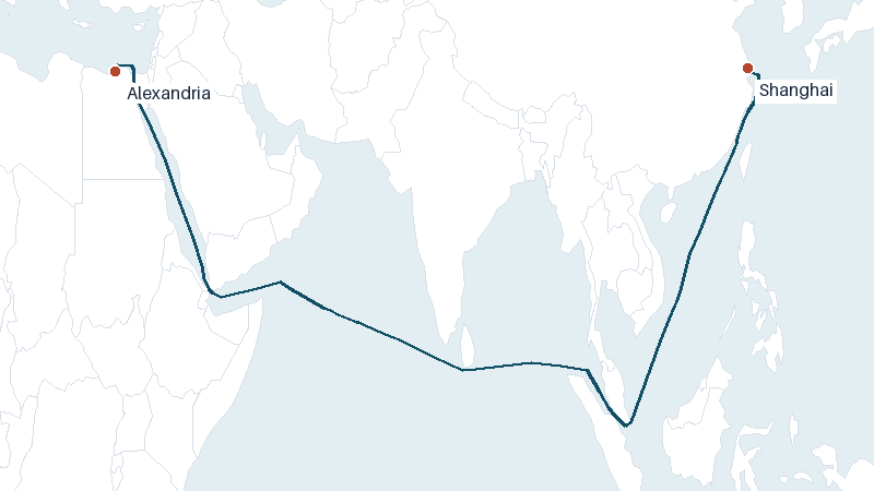 Sea route map from Alexandria to Shanghai &mdash; 7446 nautical miles