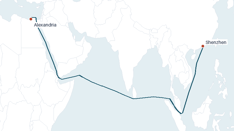 Sea route map from Alexandria to Shenzhen &mdash; 6692 nautical miles