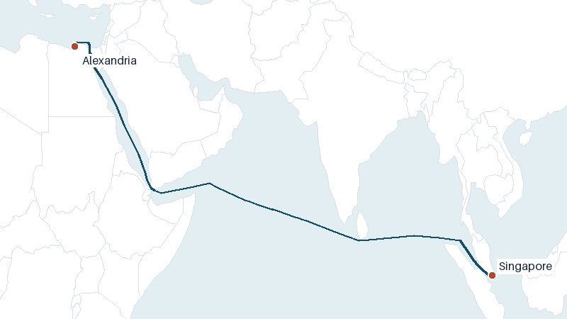 Sea route map from Alexandria to Singapore &mdash; 5238 nautical miles