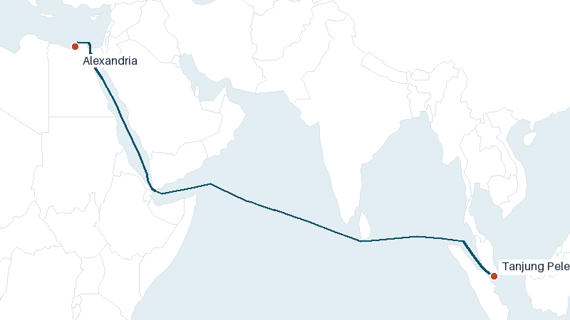 Sea route map from Alexandria to Tanjung Pelepas &mdash; 5236 nautical miles