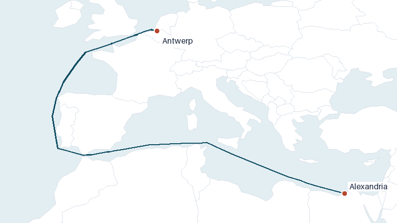Sea route map from Antwerp to Alexandria &mdash; 3174 nautical miles