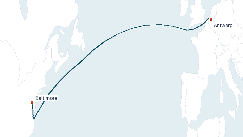 Sea route map from Antwerp to Baltimore &mdash; 3616 nautical miles