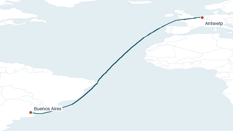 Sea route map from Antwerp to Buenos Aires &mdash; 6368 nautical miles