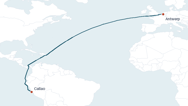 Sea route map from Antwerp to Callao &mdash; 6222 nautical miles