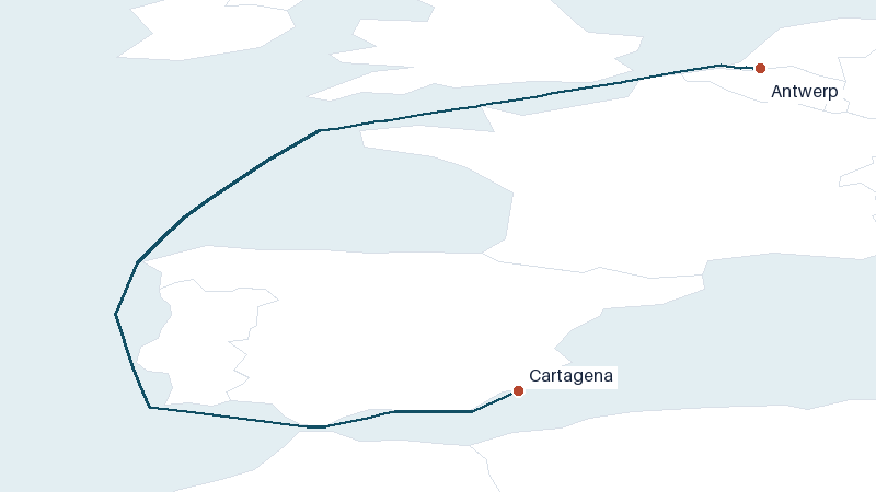 Sea route map from Antwerp to Cartagena &mdash; 1614 nautical miles