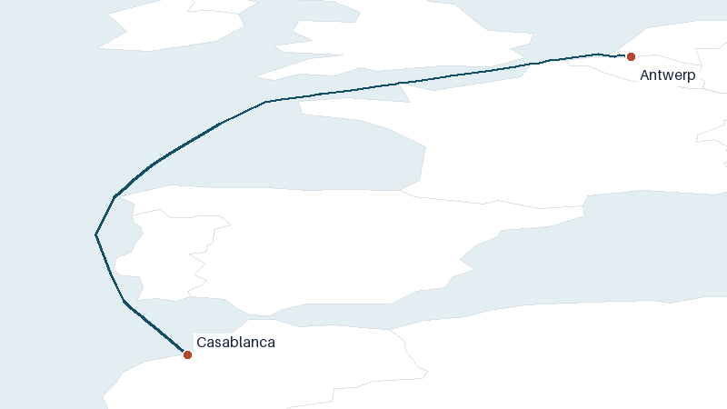 Sea route map from Antwerp to Casablanca &mdash; 1385 nautical miles