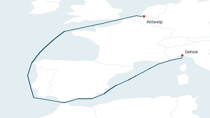 Sea route map from Antwerp to Genoa &mdash; 2241 nautical miles