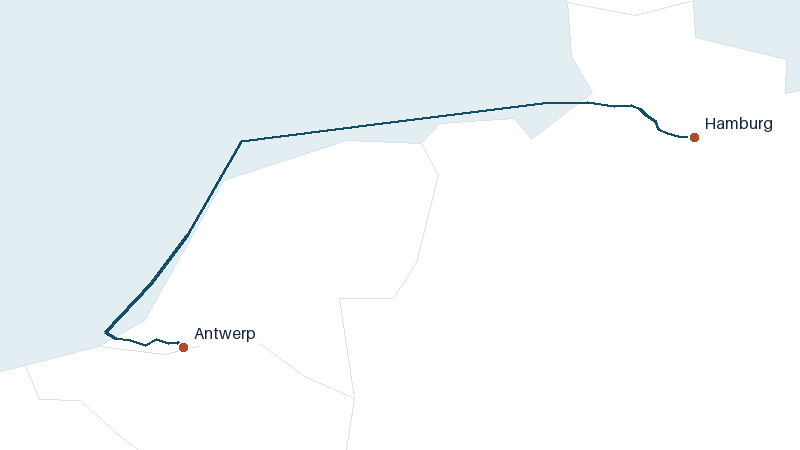 Sea route map from Antwerp to Hamburg &mdash; 362 nautical miles