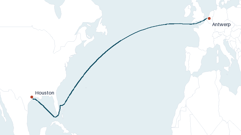 Sea route map from Antwerp to Houston &mdash; 5043 nautical miles