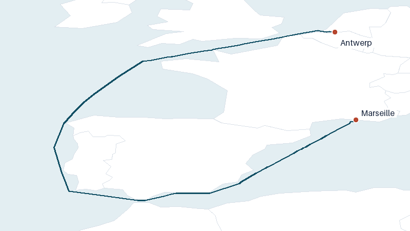 Sea route map from Antwerp to Marseille &mdash; 2075 nautical miles