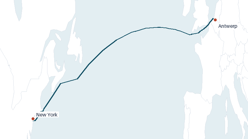 Sea route map from Antwerp to New York &mdash; 3304 nautical miles