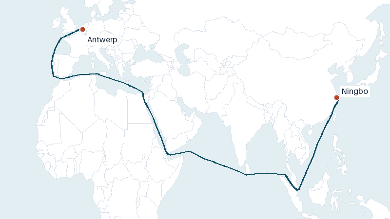 Sea route map from Antwerp to Ningbo &mdash; 10456 nautical miles