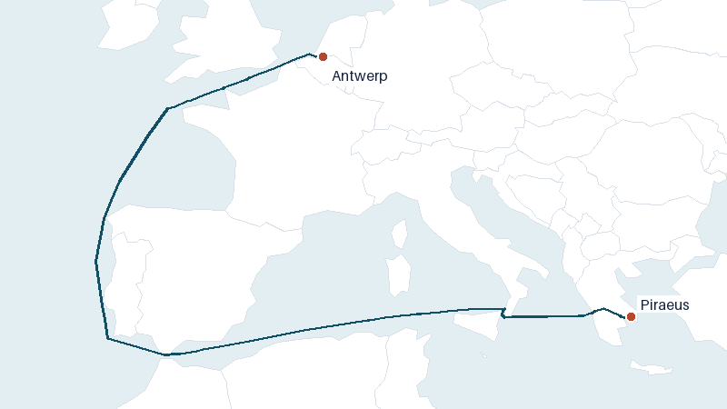 Sea route map from Antwerp to Piraeus &mdash; 2813 nautical miles