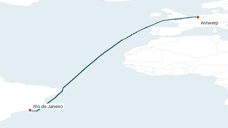 Sea route map from Antwerp to Rio de Janeiro &mdash; 5285 nautical miles