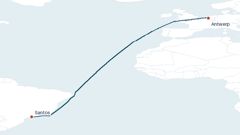 Sea route map from Antwerp to Santos &mdash; 5478 nautical miles