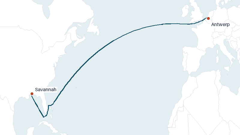 Sea route map from Antwerp to Savannah &mdash; 4765 nautical miles