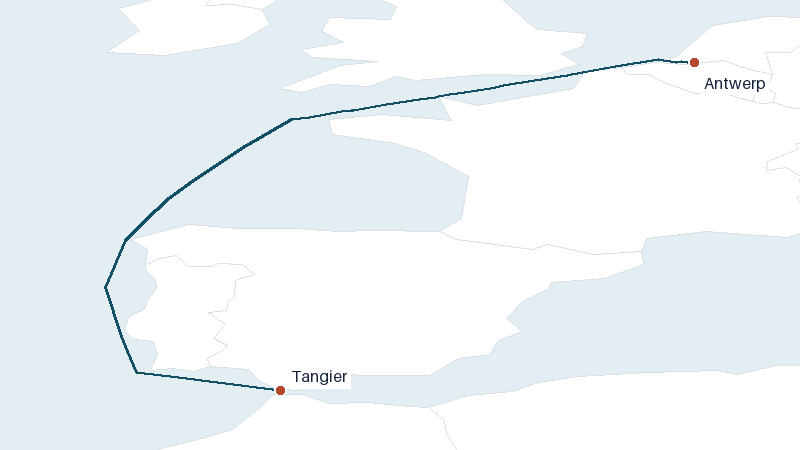 Sea route map from Antwerp to Tangier &mdash; 1355 nautical miles