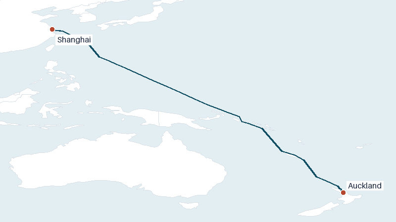 Sea route map from Auckland to Shanghai &mdash; 5287 nautical miles