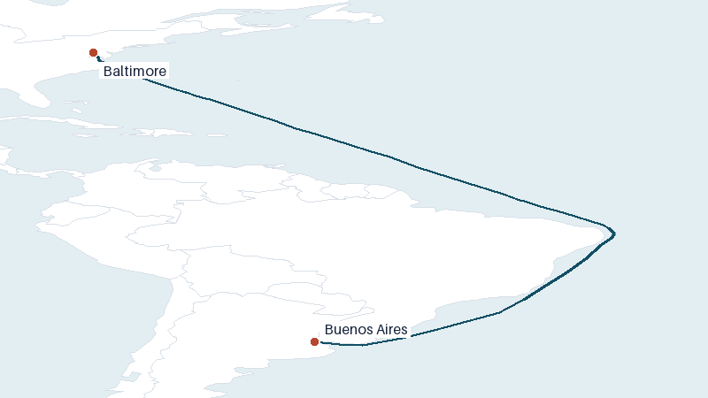 Sea route map from Baltimore to Buenos Aires &mdash; 6005 nautical miles