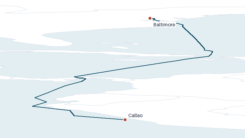 Sea route map from Baltimore to Callao &mdash; 3350 nautical miles
