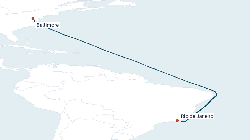 Sea route map from Baltimore to Rio de Janeiro &mdash; 4922 nautical miles