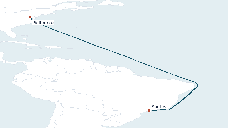 Sea route map from Baltimore to Santos &mdash; 5115 nautical miles