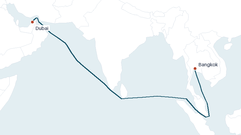 Sea route map from Bangkok to Dubai &mdash; 4309 nautical miles