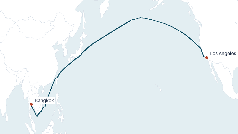 Sea route map from Bangkok to Los Angeles &mdash; 7825 nautical miles