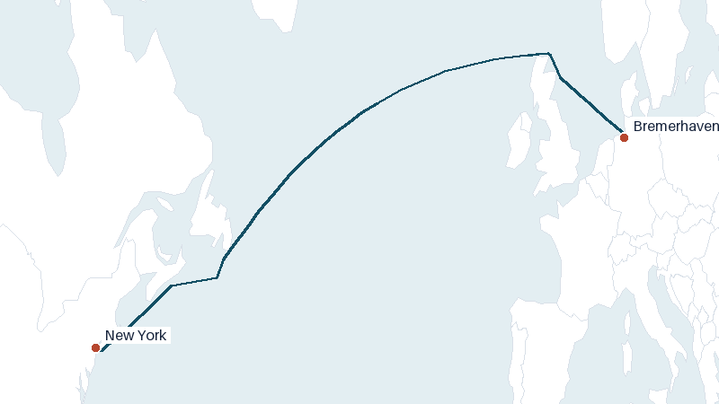 Sea route map from Bremerhaven to New York &mdash; 3454 nautical miles