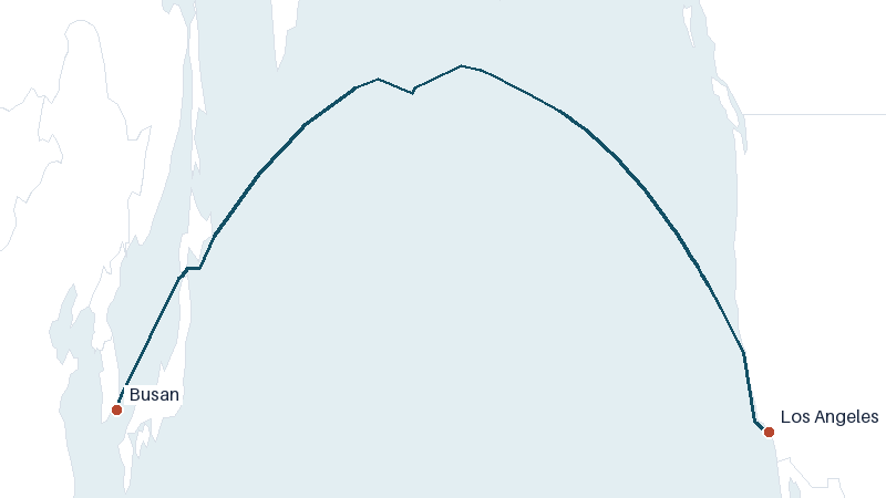 Sea route map from Busan to Los Angeles &mdash; 5261 nautical miles