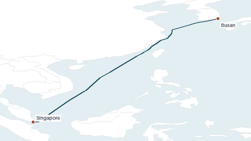 Sea route map from Busan to Singapore &mdash; 2537 nautical miles