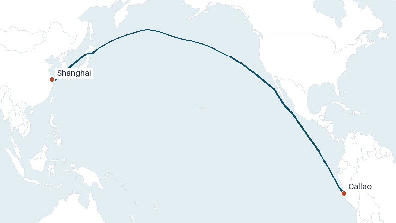 Sea route map from Callao to Shanghai &mdash; 9330 nautical miles