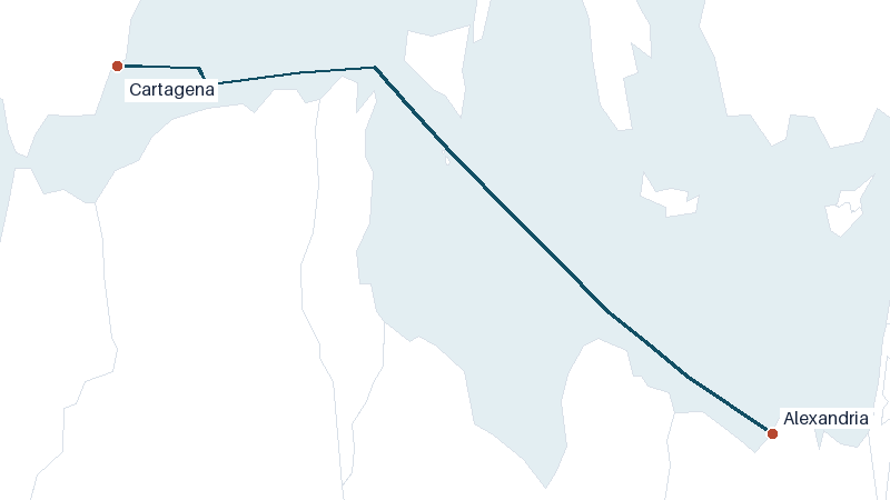 Sea route map from Cartagena to Alexandria &mdash; 1592 nautical miles