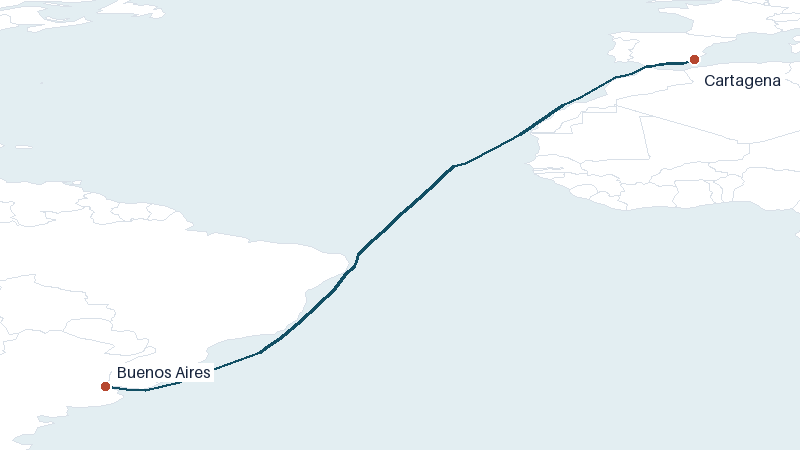 Sea route map from Cartagena to Buenos Aires &mdash; 5604 nautical miles