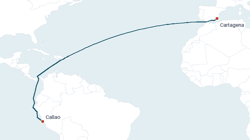 Sea route map from Cartagena to Callao &mdash; 6005 nautical miles