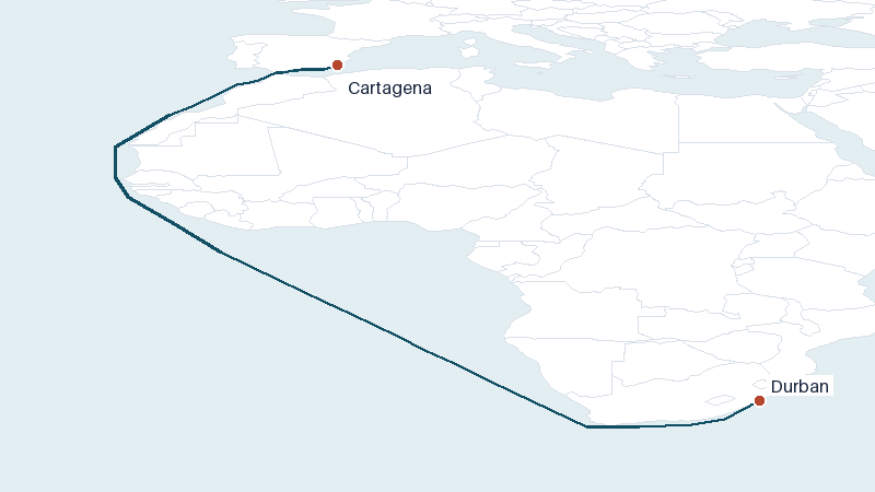 Sea route map from Cartagena to Durban &mdash; 6186 nautical miles
