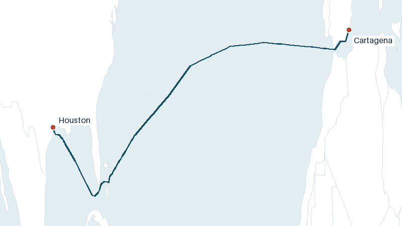 Sea route map from Cartagena to Houston &mdash; 5018 nautical miles