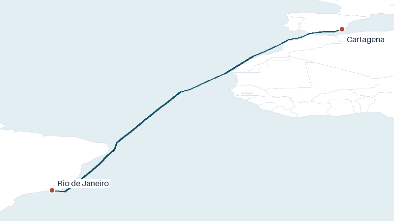 Sea route map from Cartagena to Rio de Janeiro &mdash; 4520 nautical miles