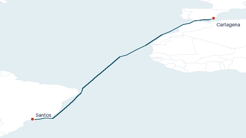 Sea route map from Cartagena to Santos &mdash; 4713 nautical miles