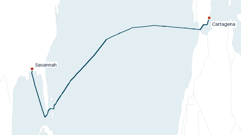 Sea route map from Cartagena to Savannah &mdash; 4739 nautical miles