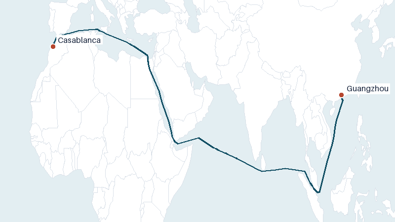 Sea route map from Casablanca to Guangzhou &mdash; 8661 nautical miles
