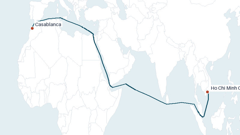 Sea route map from Casablanca to Ho Chi Minh City &mdash; 7818 nautical miles