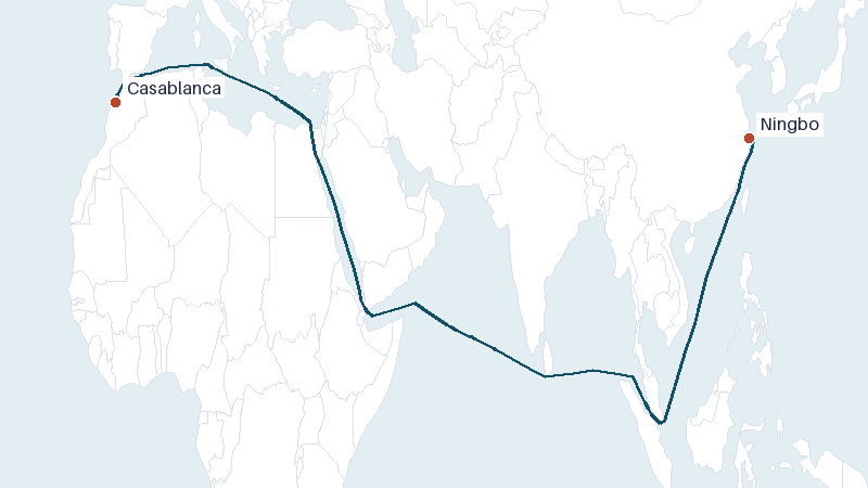 Sea route map from Casablanca to Ningbo &mdash; 9283 nautical miles