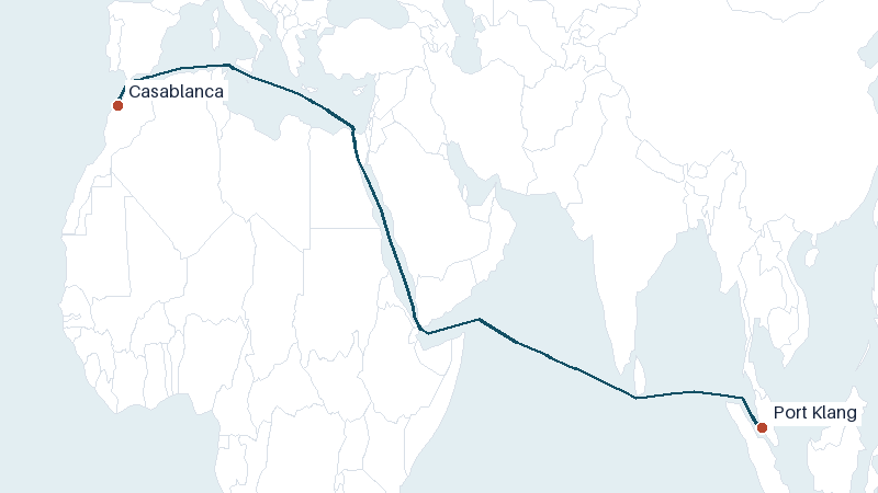 Sea route map from Casablanca to Port Klang &mdash; 7004 nautical miles