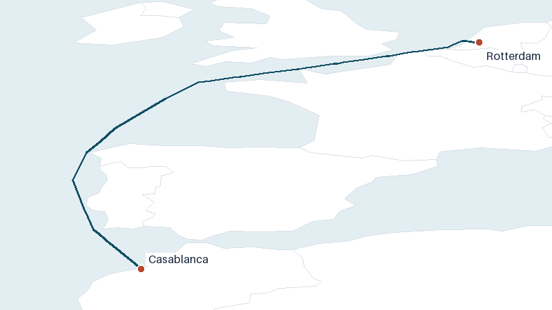 Sea route map from Casablanca to Rotterdam &mdash; 1406 nautical miles